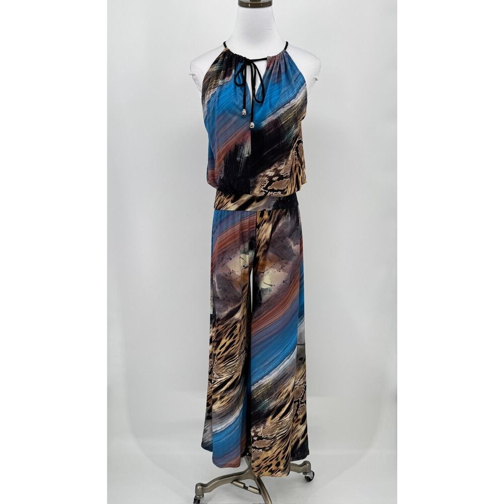 Julian Chang Multicolor Abstract Print Halter Keyhole Neck Wide Leg Jumpsuit